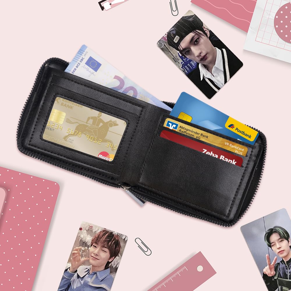 Stray czarny portfel unisex do Stay, SKZ skóra PU z zamkiem błyskawicznym i zawieszką w kształcie gwiazdy, portfel Kpop z 1 naklejką 3D SKZ i 2 fotokartami SKZ