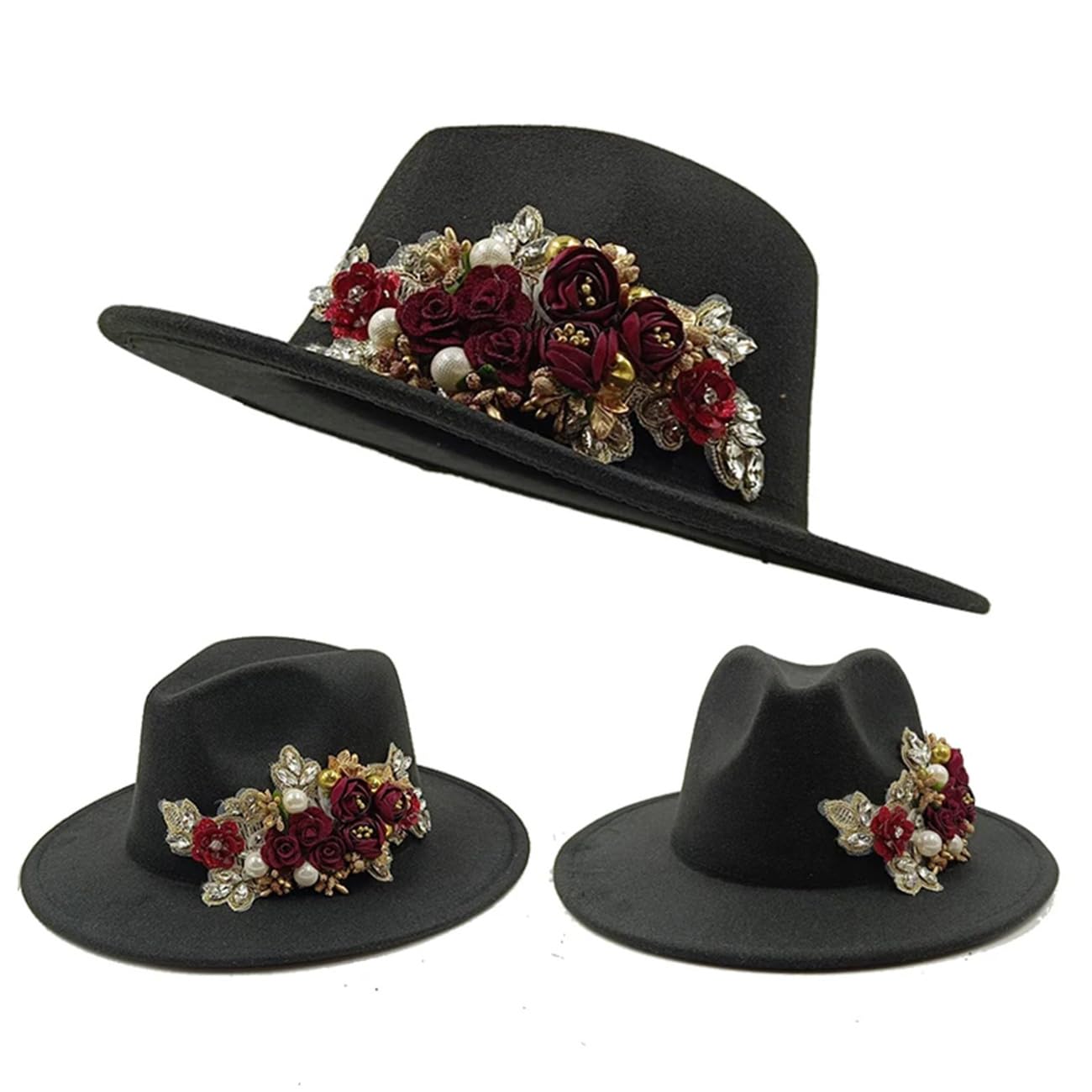 Cappello da donna a tesa larga Jazz Cap Autunno Inverno Chiesa Cappelli Femme Fiore Ricamato Cappello Fedora Matrimonio