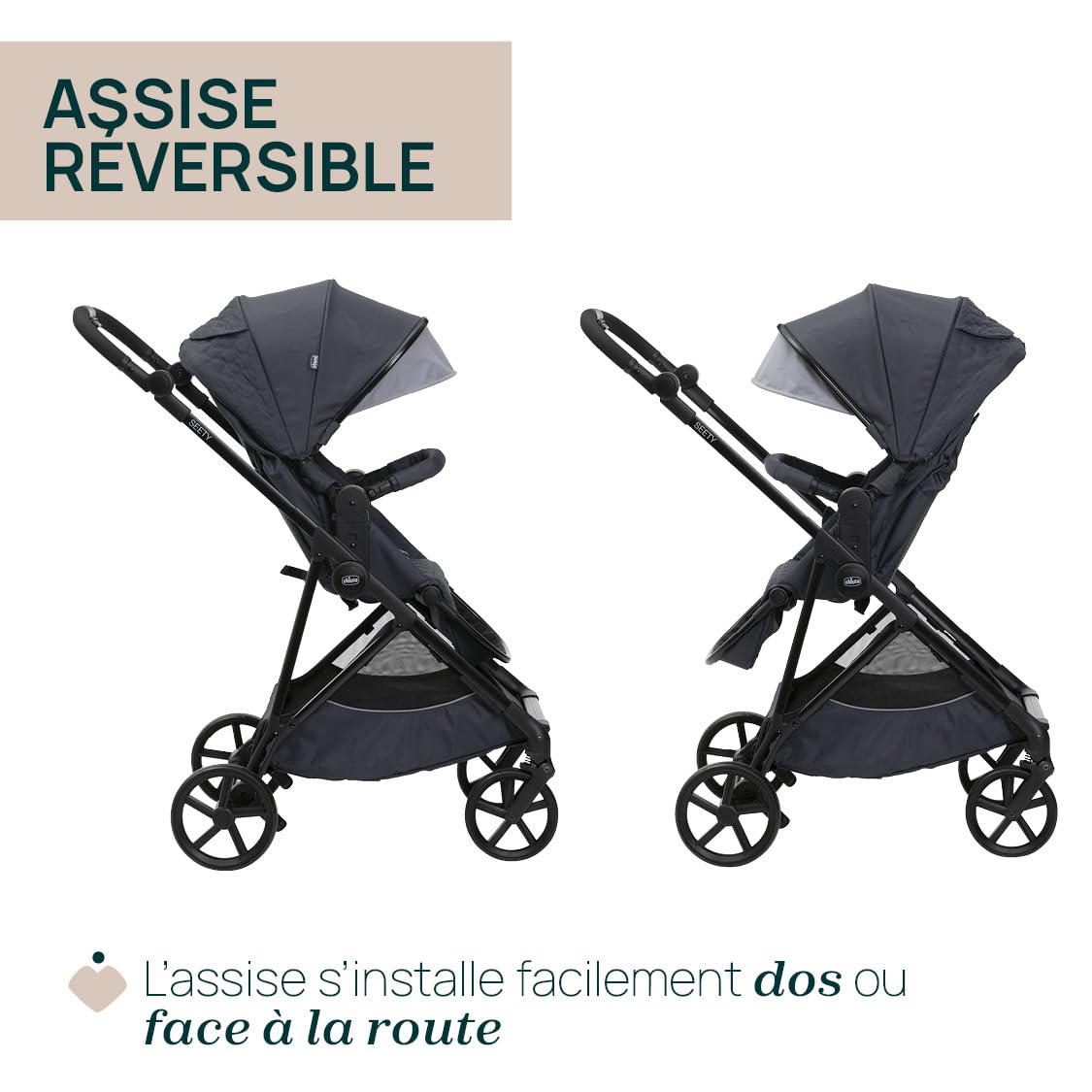Chicco Poussette Seety, Poussette Bébé Légère et Compacte de 0 Mois à 4 Ans, Capacité de Charge Maximale de 22 kg, Poussette Pliable, Dossier Inclinable, Pliage Automatique en 1 Étape, Canopy