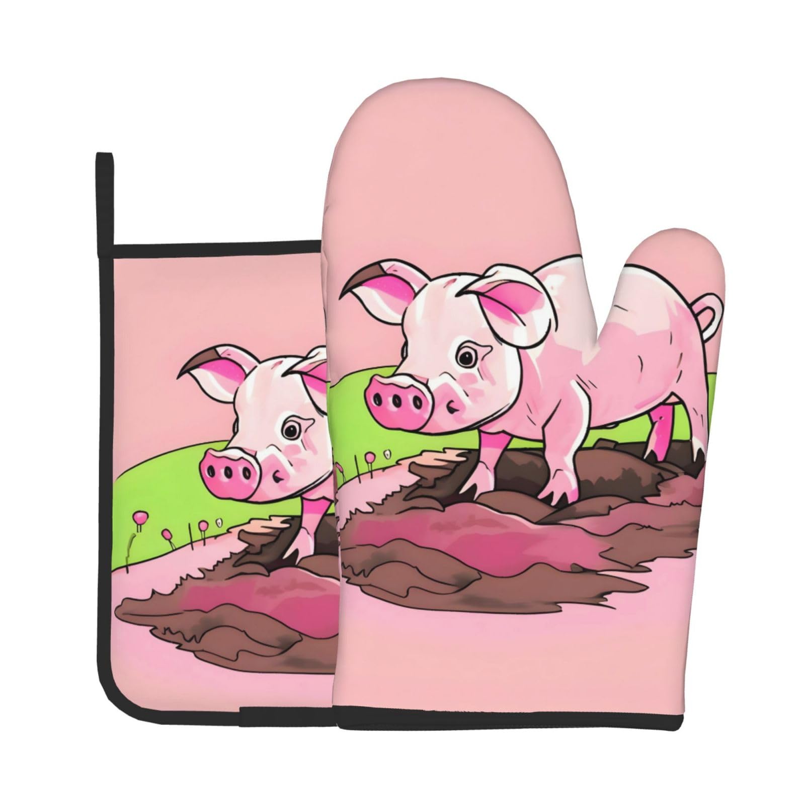 Oven Mitts and Potholders Set of 2 for Kitchen Baking Cooking GrayPink Piglet Thick and Durable