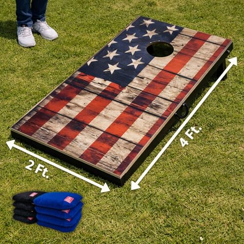 Image of Beewibe Classic Cornhole Board Game Kit - Available in 4'x2' Size - Comes with 8 Cornhole Bags (Cornhole Board Game Set) (Vintage USA Flag)