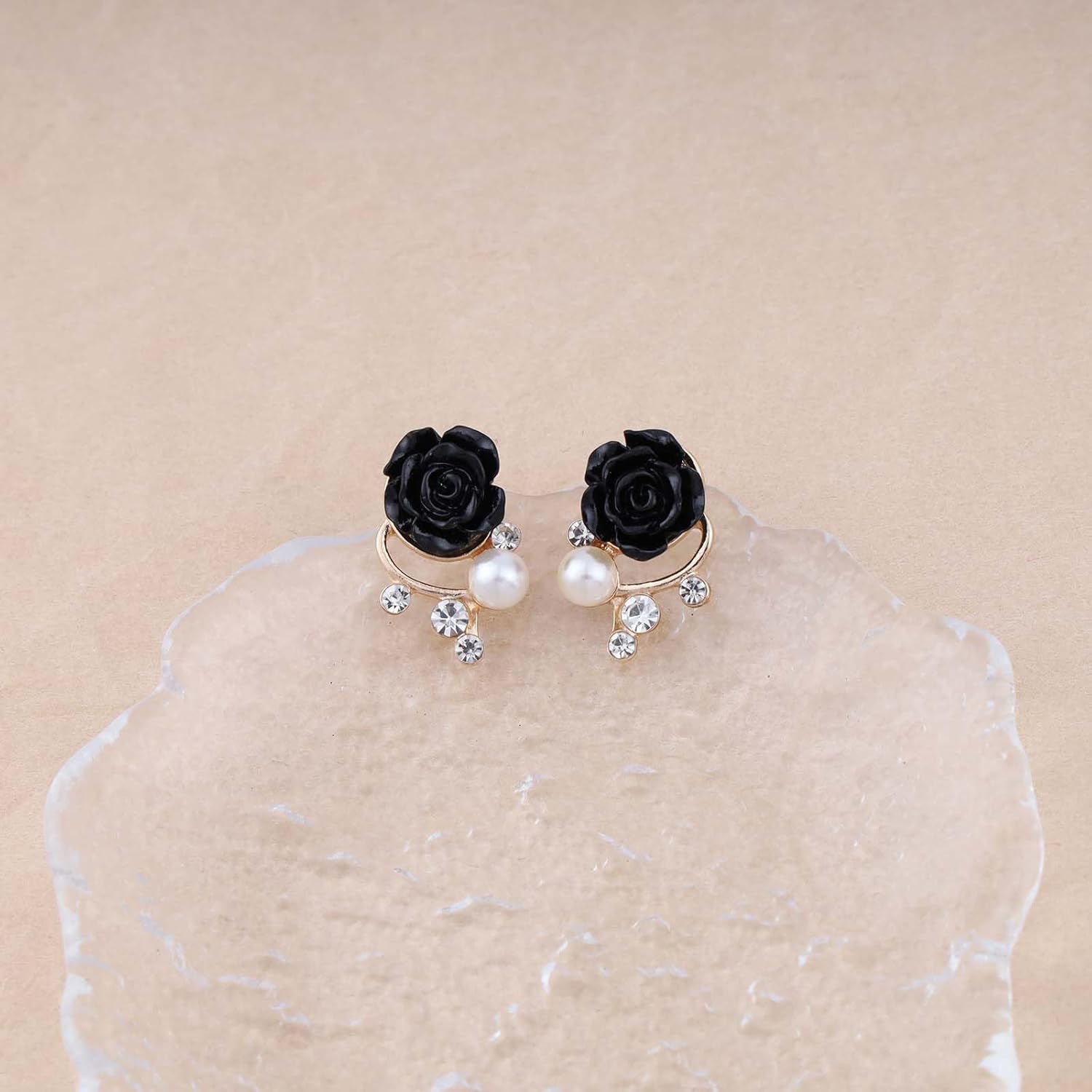Vintage Black Rose Stud Earrings Crystal Flower Earrings Resin Rose Flower Earrings Pearl Floral Earrings Tiny Rose Charm Earrings Jewelry for Women - Image 4