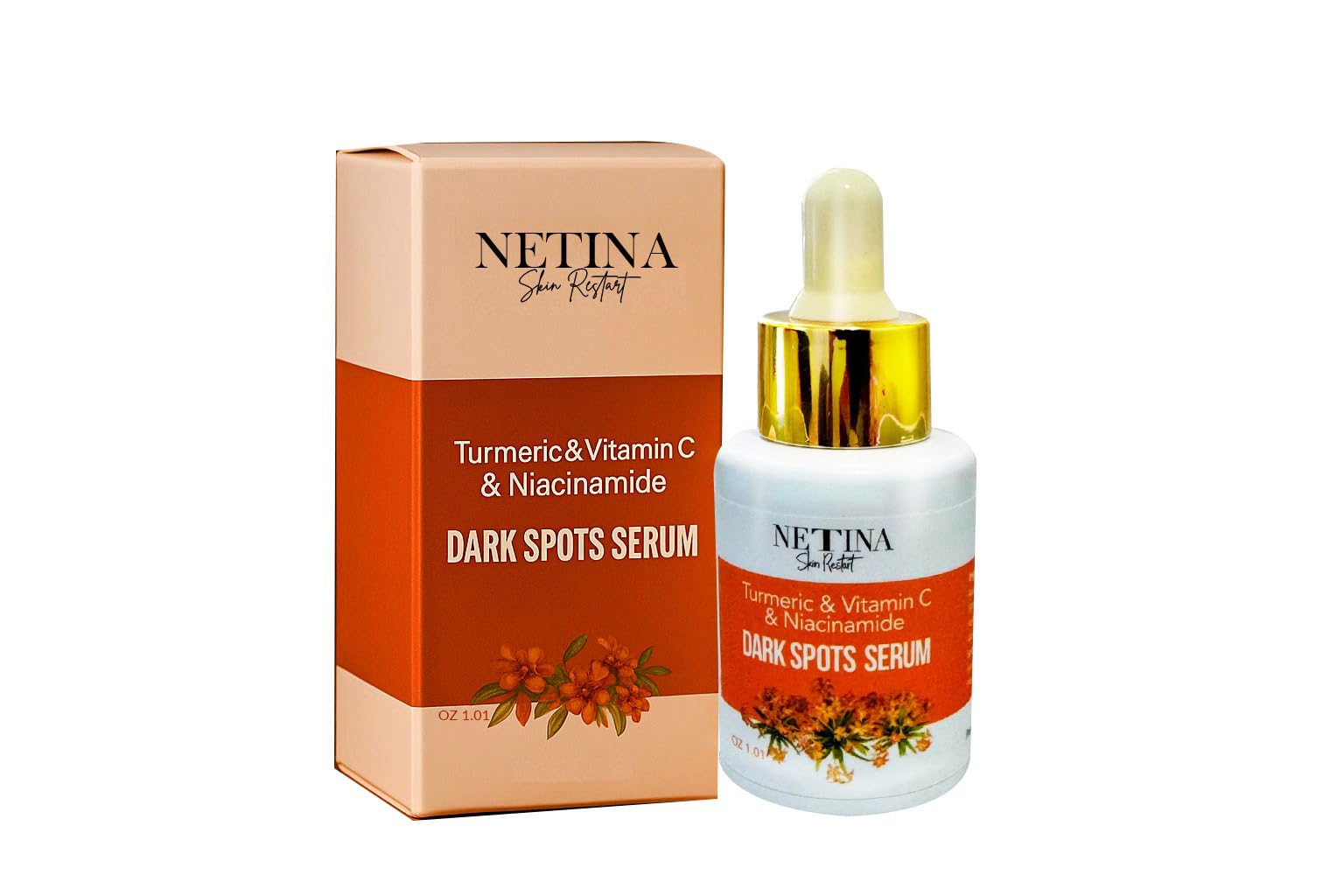 NETINA SKIN RESTART Vitamin C Serum – Brightening Dark Spot Corrector with Niacinamide & Turmeric – Anti-Aging & Hydrating Face Serum to Fade Discoloration & Boost Radiance – 30ml