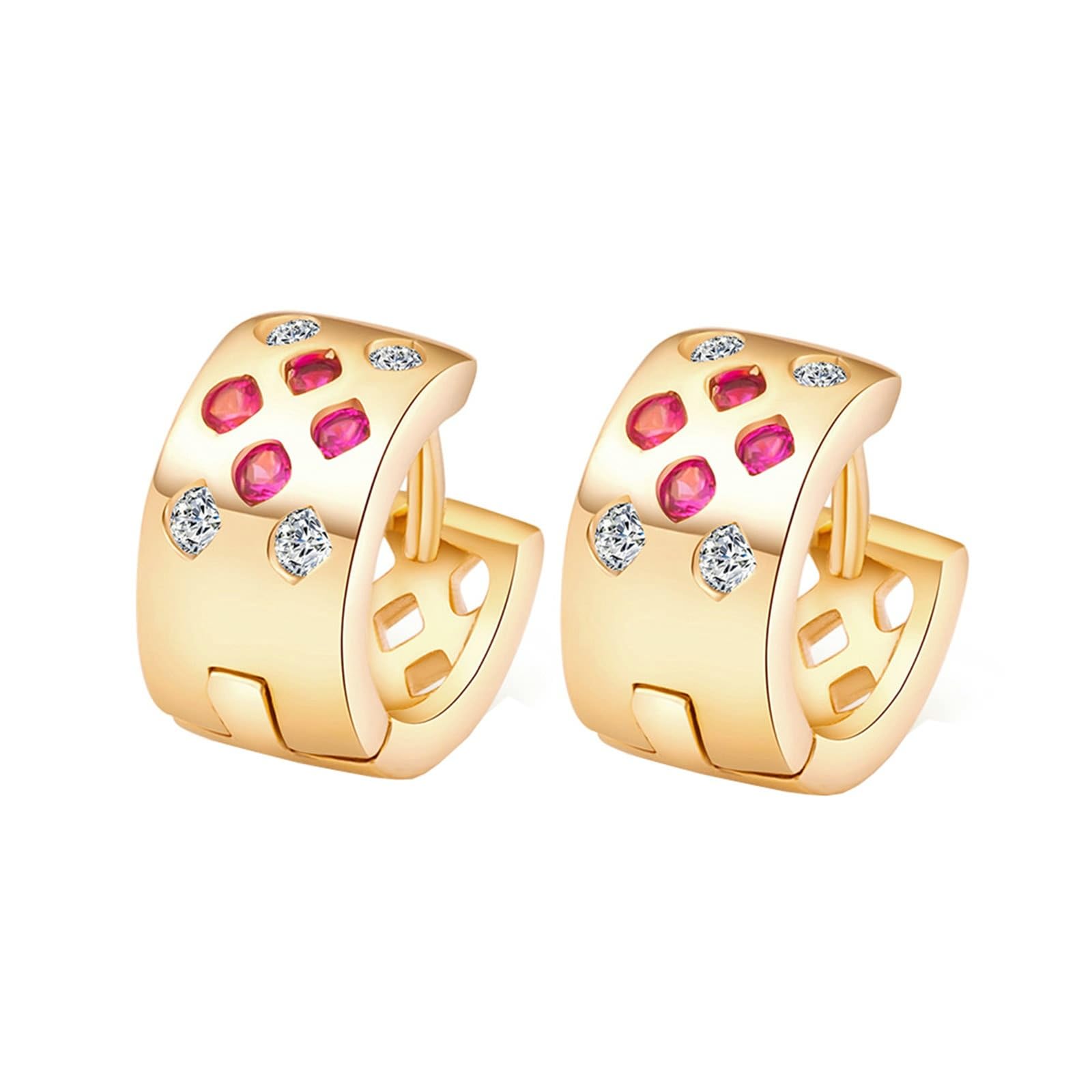 AMDXD Pendientes vintage de oro de 14 quilates Au585, clásicos pendientes de aro con laboratorio de rubí creados diamante colorido, oro amarillo Au585, pendientes para mujer pequeños auténticos