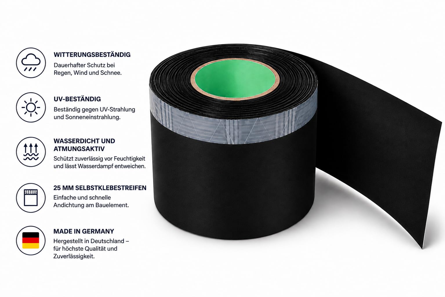 EPDM Folie 100 mm x 20 m – flexible, wasserdichte und diffusionsoffene Abdichtungsfolie mit Selbstklebestreifen für Fenster, Türen, Anschlüsse und Sockel im Außenbereich (100 mm)