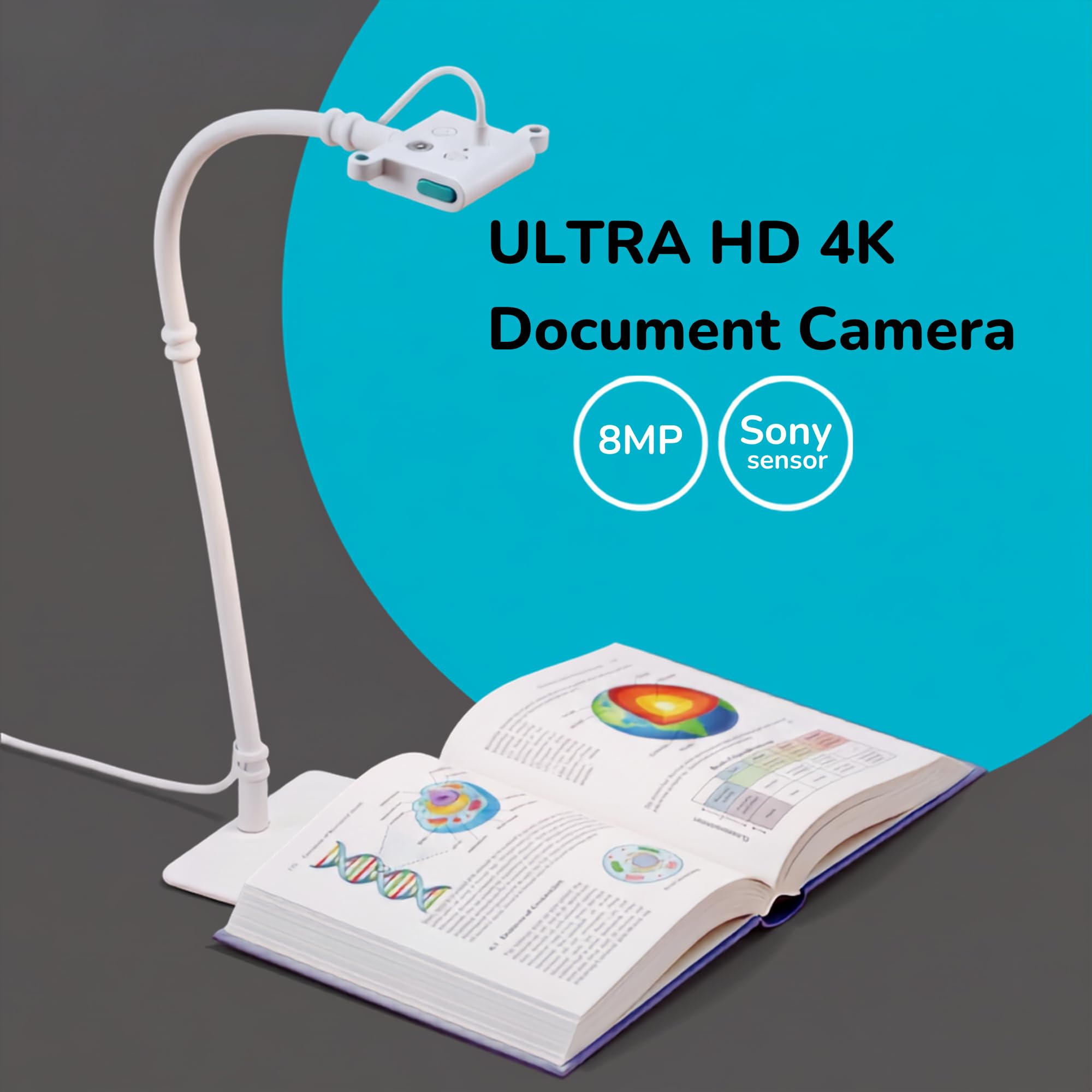 OKIOCAM S-G4K Appareil photo de documents Ultra HD 8 MP, mise au point automatique, bras flexible col de cygne, base en métal, compatible avec Mac, Windows, iPad, Chromebook – Enseignement en