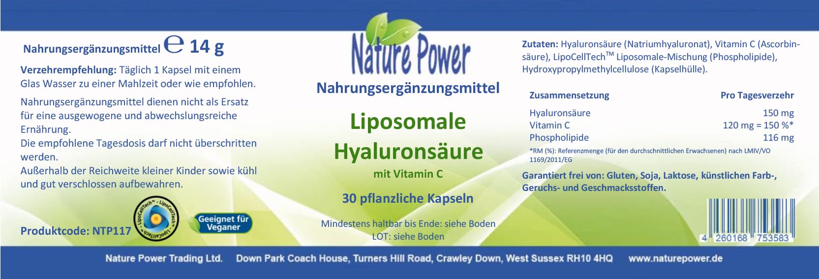 Liposomale Hyaluronsäure mit Vitamin C - Vorteilspaket im 4 + 1 Angebot - 5 x 30 pflanzliche Kapseln im Braunglas - liposomales Pulver - vegan und gentechnikfrei - von Nature Power