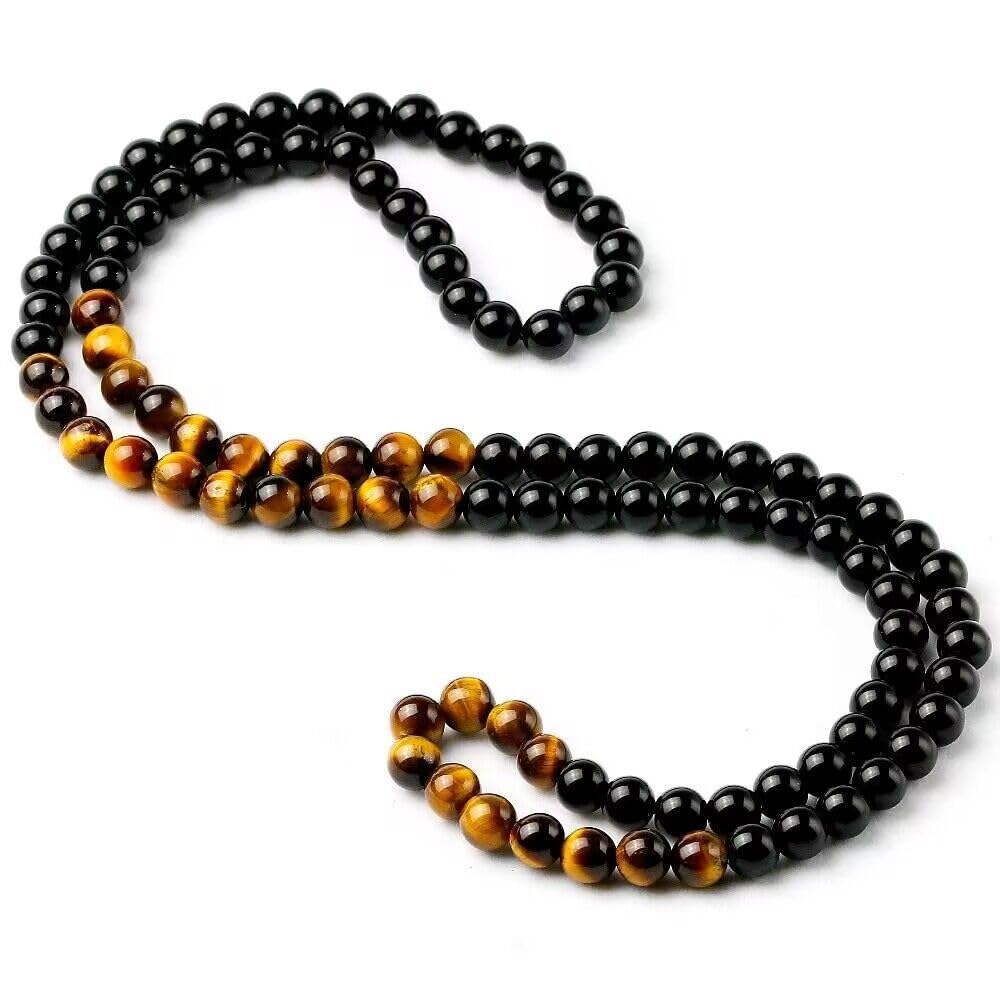 KILNEX Black Onyx Men's Tiger Eye Stone Bead Sweater Necklace Fashion Natural Stone Jewelry Handmade