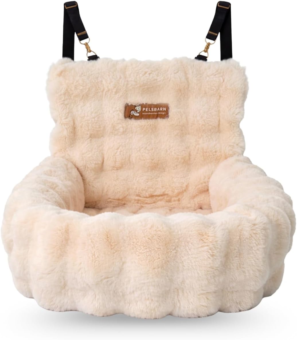 Pelsbarn Luxurious Cozy Car Bed - Small Luxury Travel Dog Bed with Safety Belt - Ultra Soft Faux Fur - Beige