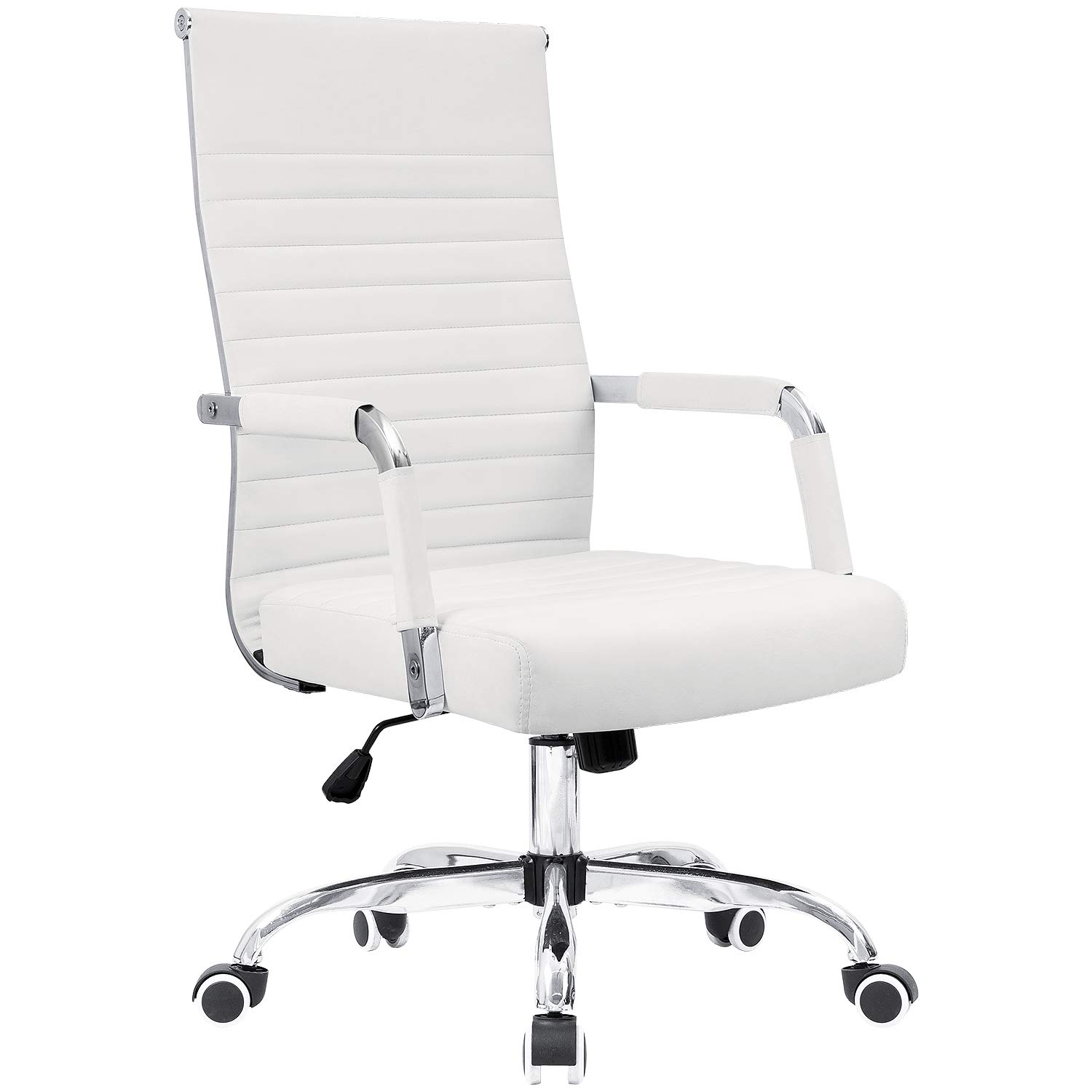 KaiMeng Ribbed Office Desk Mid Back Computer Chair Height Adjustable Conference Executive Task Swivel PU Leather (White)
