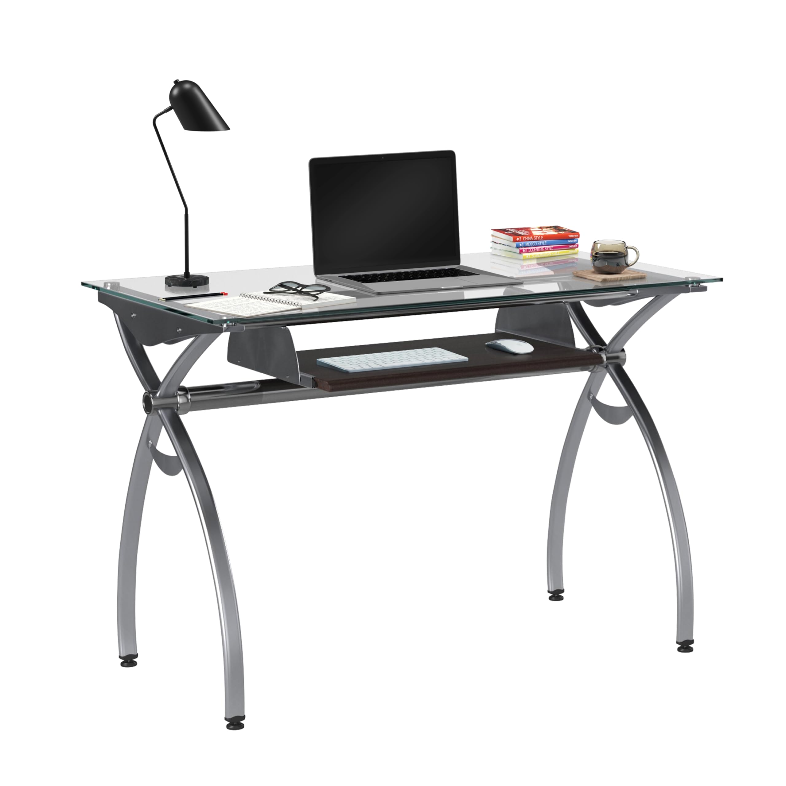 Techni Mobili Modern Work Desk-43.25” Wide Tray-Perfect Clear Contempo Glass Top Computer Desk with Pull Out Keyboard Panel, 43.25" W x 22.5" D x 29.5" H