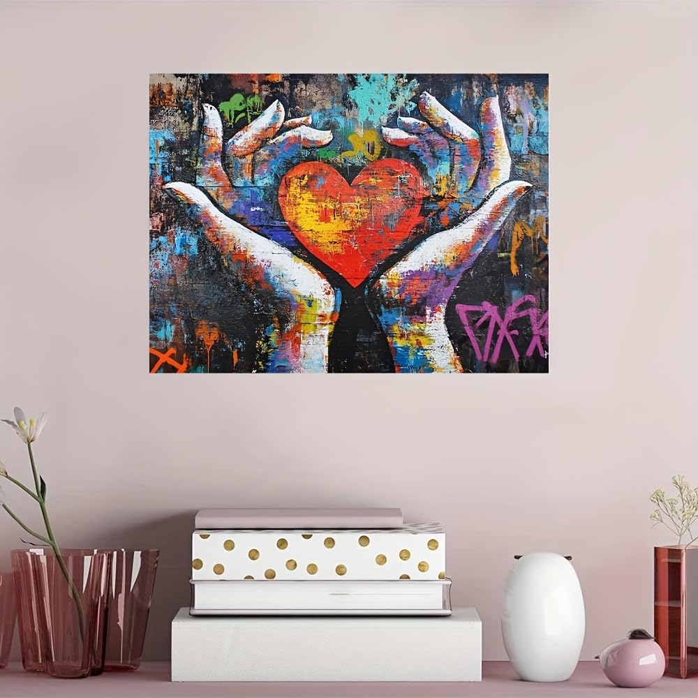Cuadro de Banksy "Corazón vibrante con manos coloridas" (60x120cm/con marco)