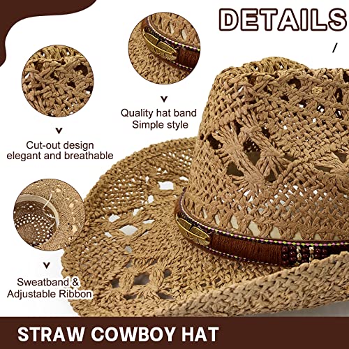 Rainflowwer Straw Cowboy Hat For Women, Sun Hat Men, Womens Beach Hat With Beaded Band (Khaki) #TOP2