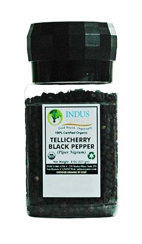 Indus Organics granos de pimienta negros Tellicherry, clasificación premium, pureza alta, empacado fresco