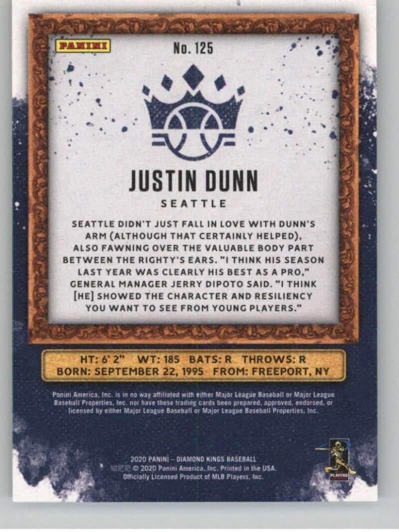 2020 Diamond Kings Litho Proof Baseball #125 Justin Dunn SER/25 Seattle Mariners Official MLB PA Trading Card From Panini America