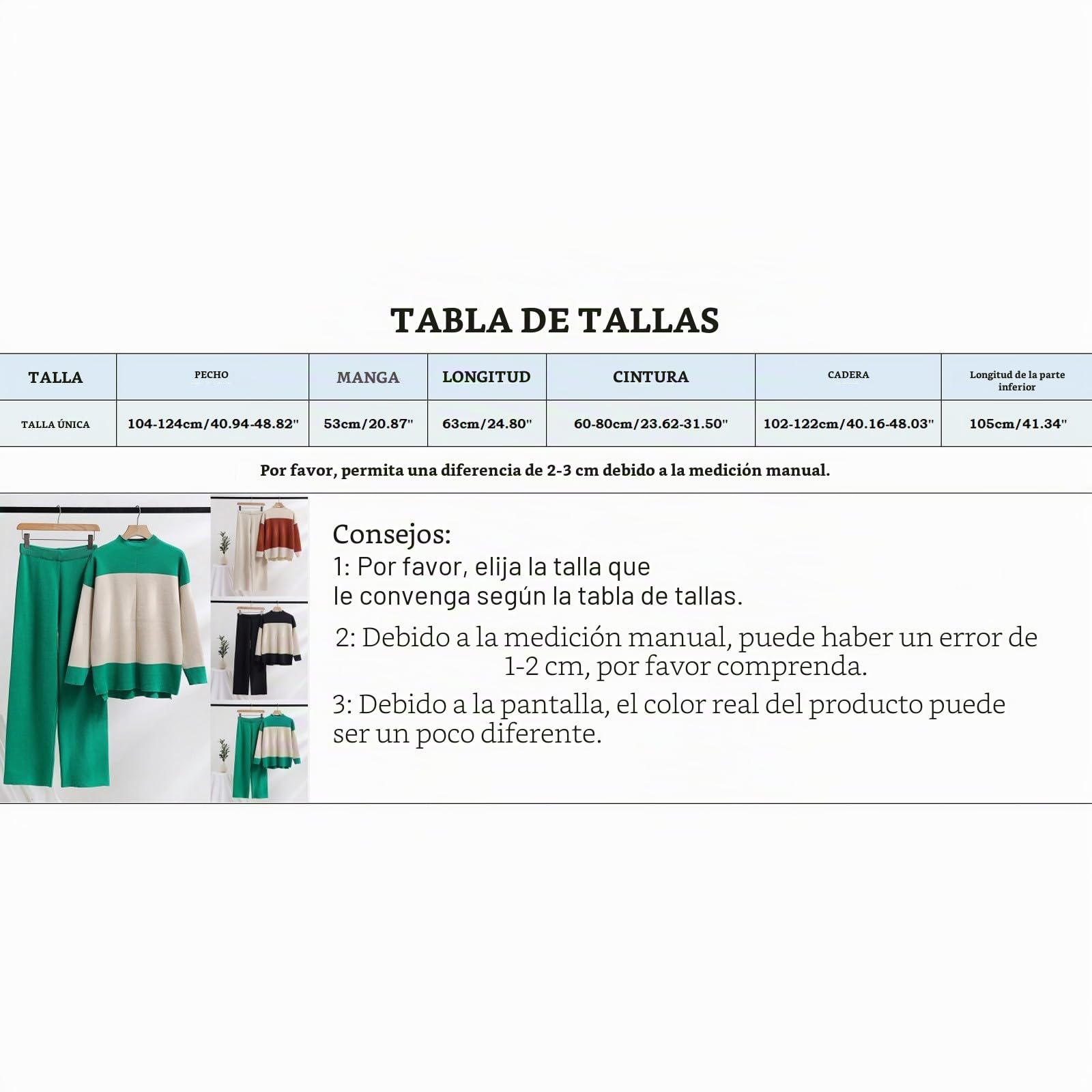 Generico Conjunto de 2 piezas para mujer de punto elegante y cómodo mono de punto de lana casual cuello redondo suéter y pantalones pierna ancha trabajados suave completo para el hogar elástico ligero
