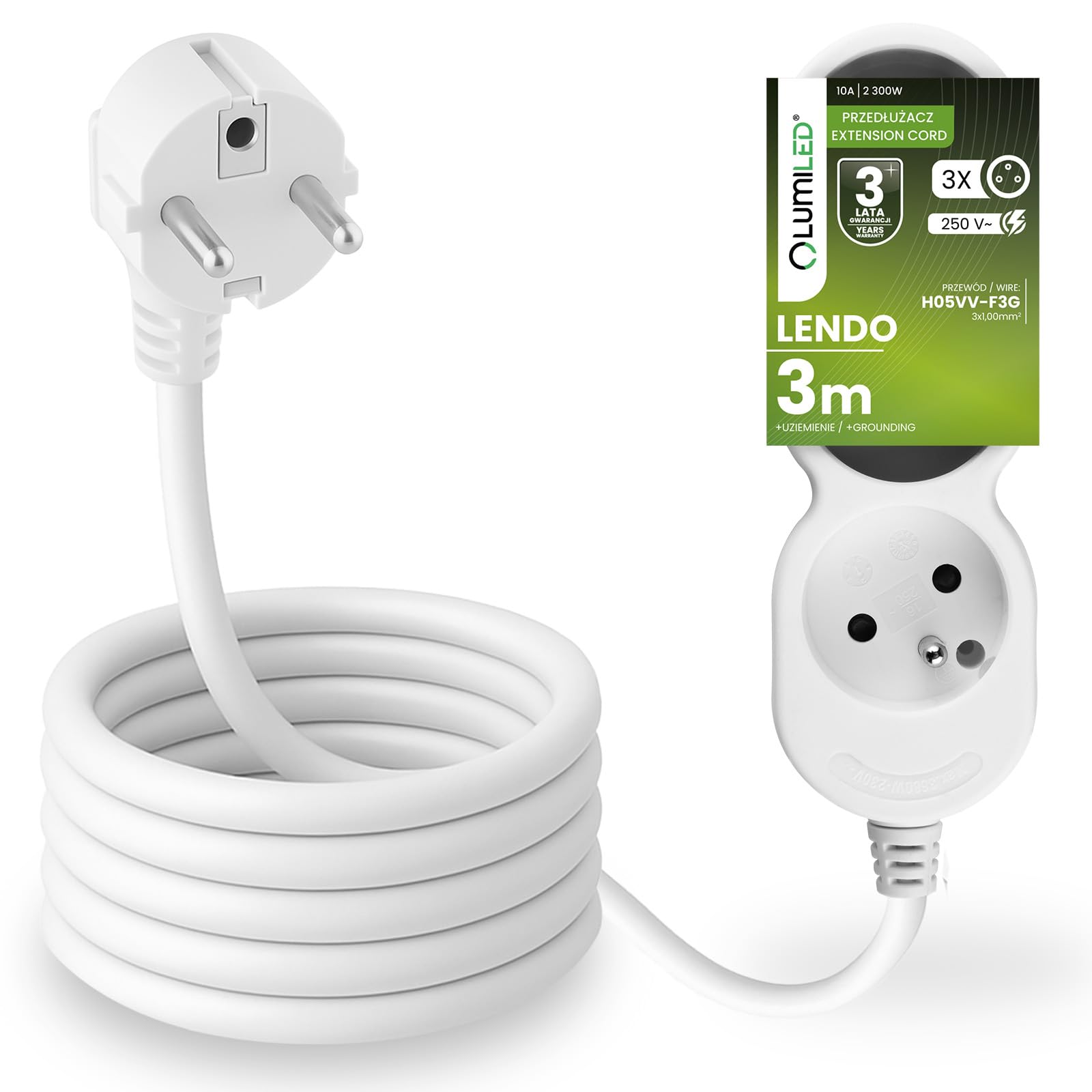 Lumiled listwa zasilająca z 3 gniazdami, kabel 3 m, biały, przewód H05VV-F 3G, wtyczka typu E/F, wielokrotne gniazdo E, 10A 2300W 250V, IP20, uchwyt do zawieszenia