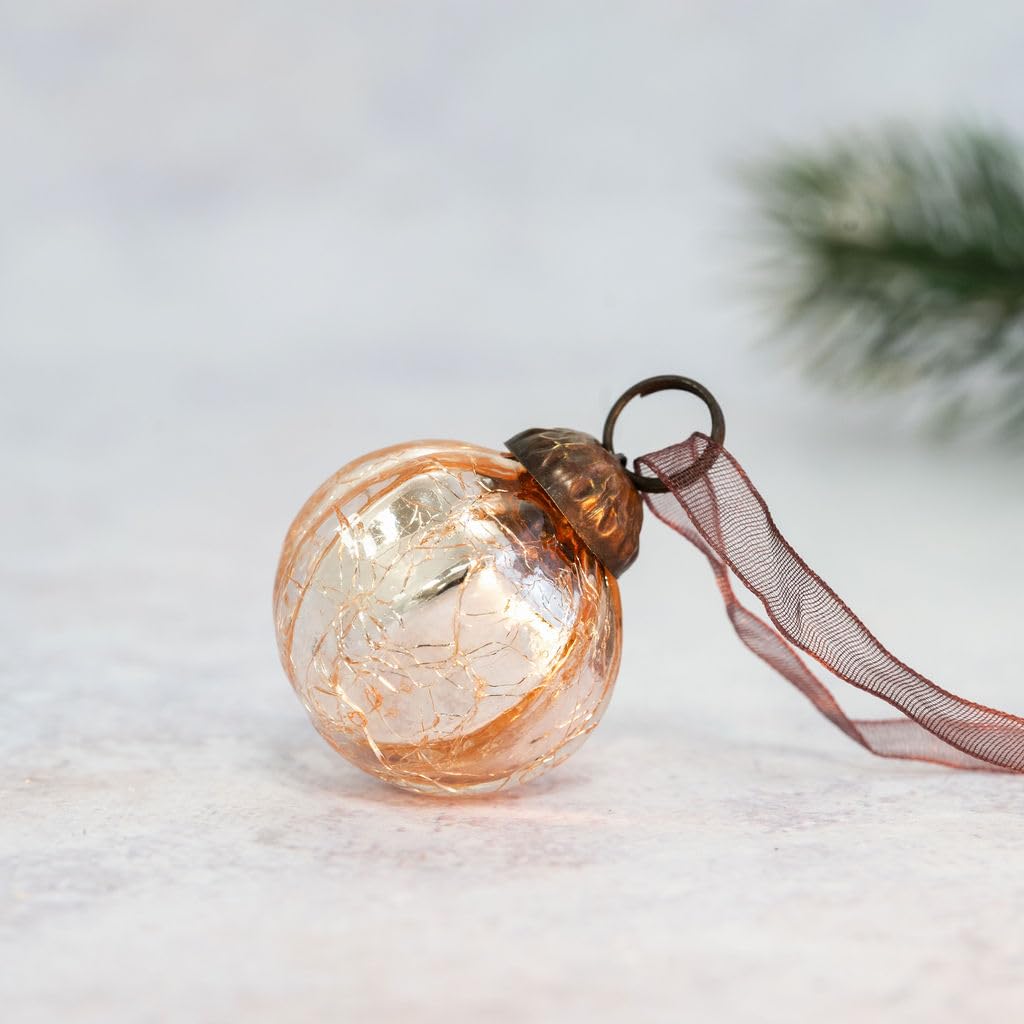 Arthur Cameron Rose – Handmade, Mouth-Blown 1" Ribbed Glass Mini Baubles With Bronze Cap, Ribbon & Organza Bag – Elegant Small Christmas Baubles & Christmas Hanging Decorations (Rose)