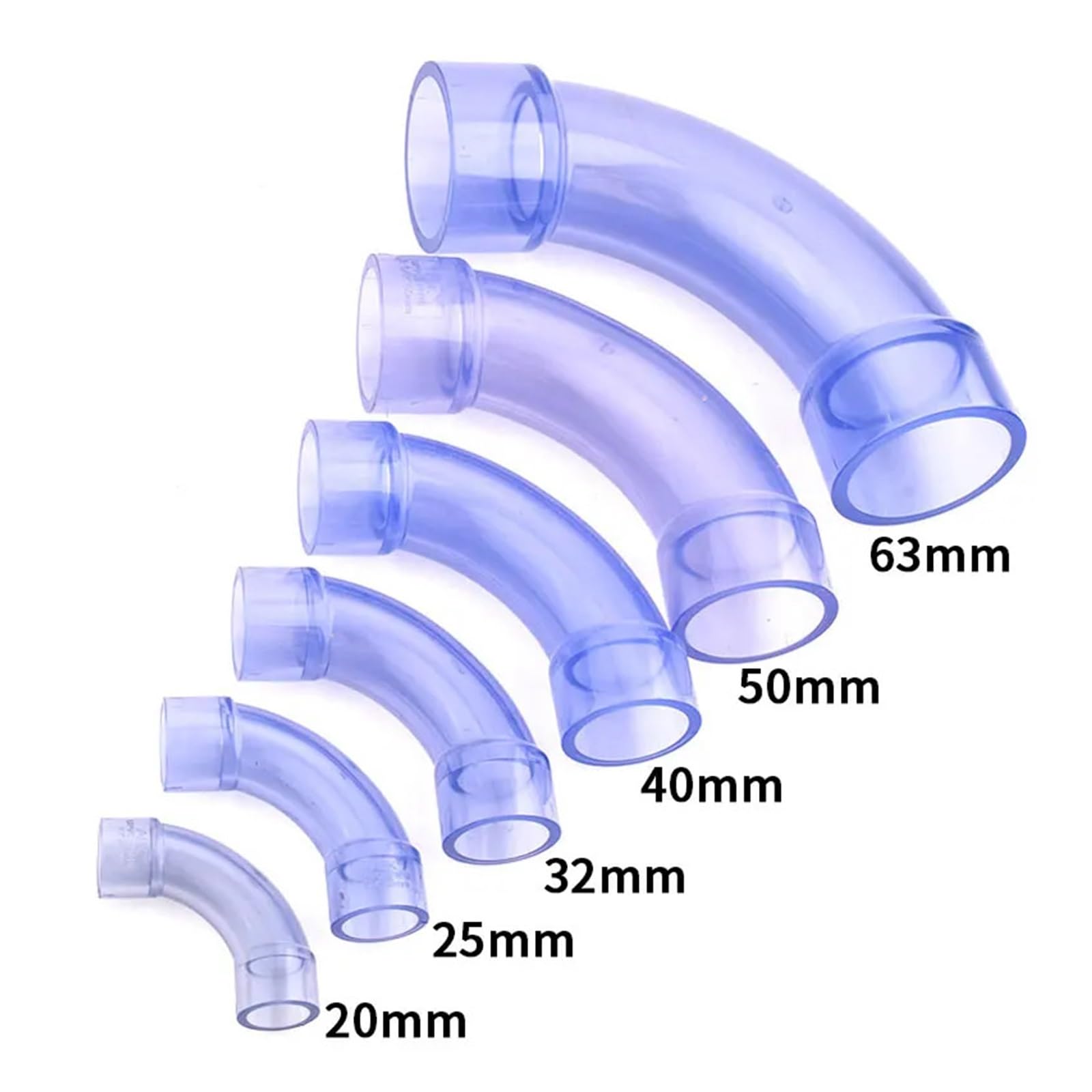 20/25/32/40/50/63 mm UPVC 90 Grad großer Bogenbogen, großer Halbmond-Bogen-Anschluss, Aquarium-Adapter, Wasserversorgungsrohr-Zubehör(Clear blue 63mm)