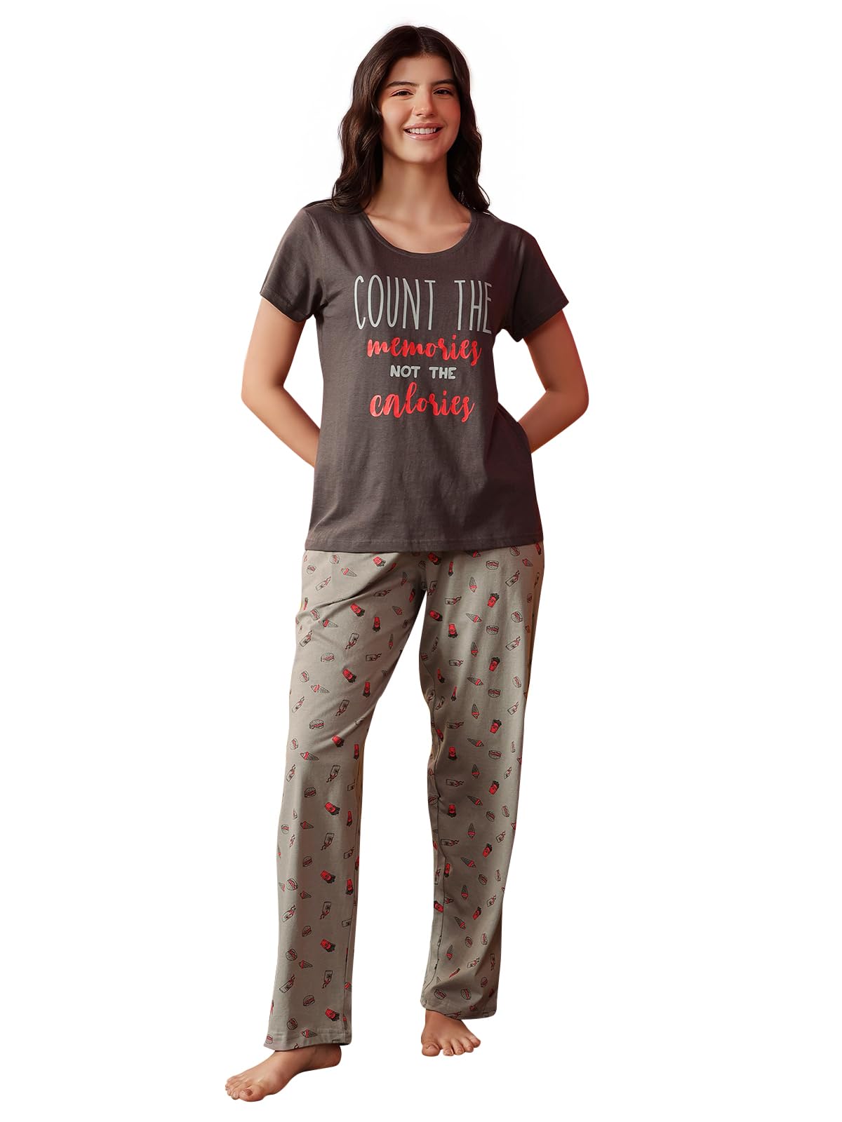 Women's Cotton Printed Top & Pyjama Set in Grey