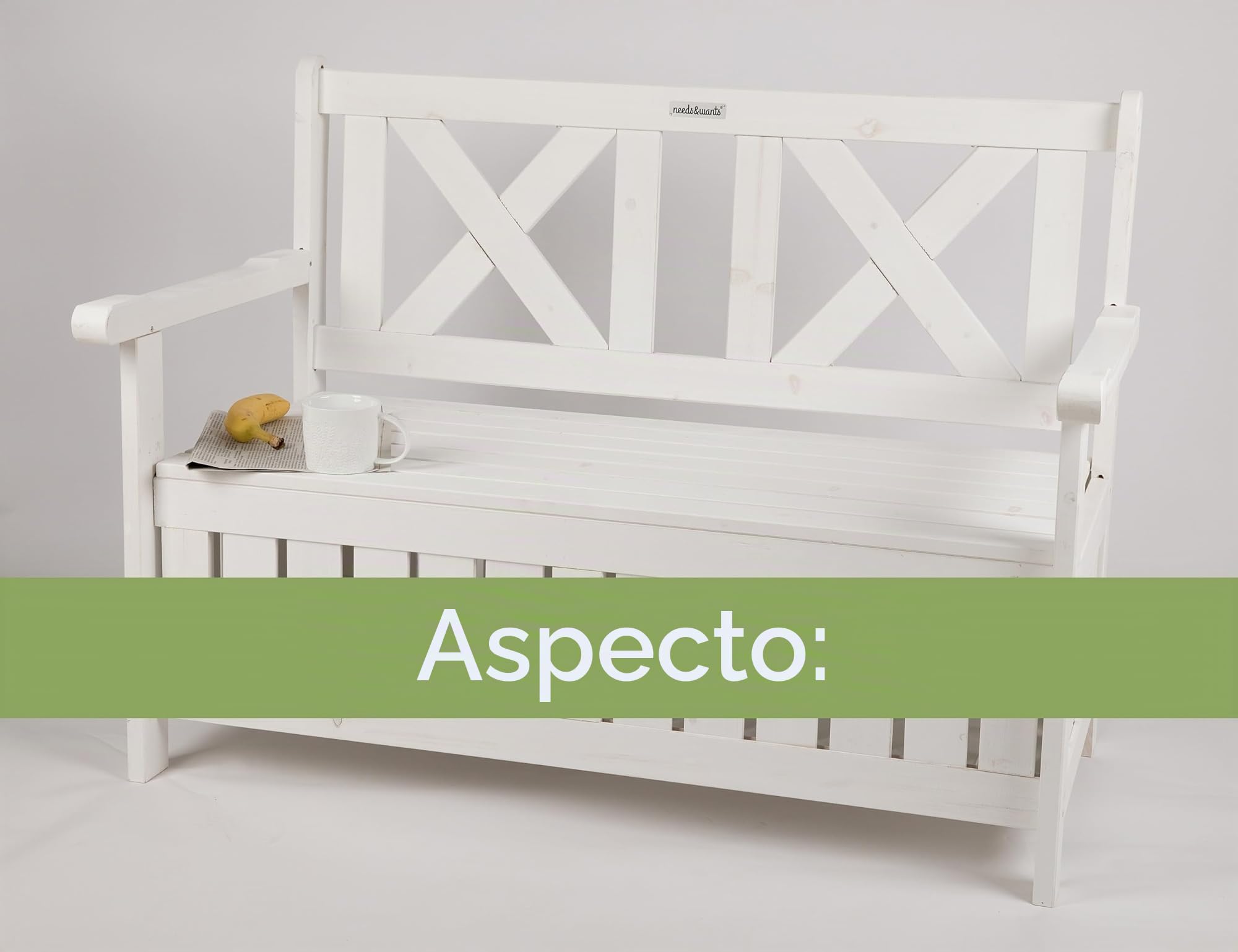 needs&wants® Banco de jardín de madera resistente a la intemperie con espacio para guardar cosas y funda, banco de madera clásico de 2 plazas con arcón, banco de jardín macizo con arcón madera natural