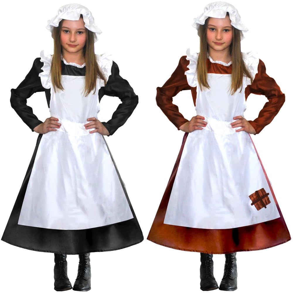 SoWest Women's Victorian Maid Costume Set for Teens - 3 Pcs Village Medieval Brown Dress with Apron & Mop Cap | Vintage Outfit Fancy Dress for Cosplay, World Book Day - Medium