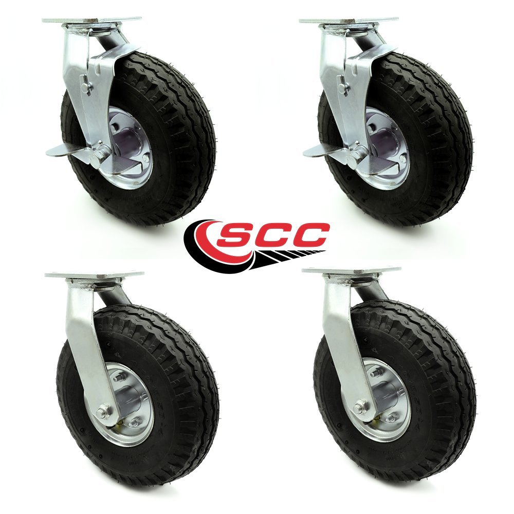 10 Inch Swivel Pneumatic Casters Set of 4 - Black Rubber Wheels - Includes 2 Swivel with Brakes and 2 Swivel - Heavy Duty Casters - 1,400 lbs. Total Capacity - Service Caster Brand