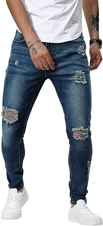 YRW Mens Ripped Jeans Slim Fit Skinny Stretch Distressed Destroyed ...