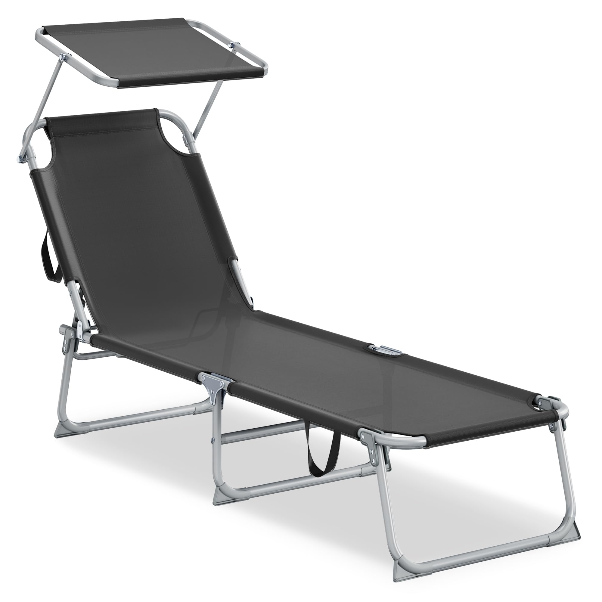 SONGMICS Chaise Longue Pliante, 189 x 53 x 28,5 cm, Transat Jardin Extérieur, Supporte 110 kg, Pare-Soleil et Dossier Réglables, pour Terrasse, Balcon, Noir GCB194BZ02