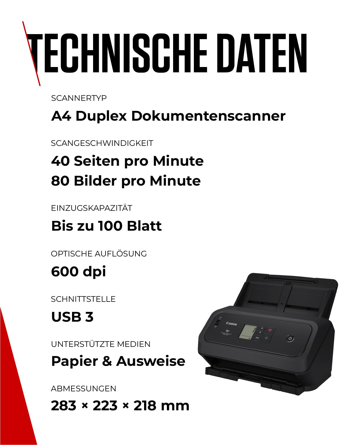 Canon imageFORMULA DR-C340 A4 Dokumentenscanner – Kompaktes Design & erweiterte Bildverarbeitung fürs Büro – 100-Blatt-Einzug – mit Canon CaptureOnTouch Pro