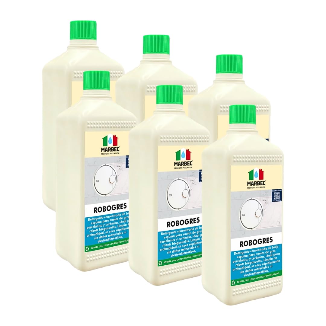 MARBEC ROBOGRES 1LTx6PZ Detergente concentrado de baja espuma para la limpieza de suelos de gres porcelánico con robots fregasuelos. Limpia en profundidad y seca rápidamente.