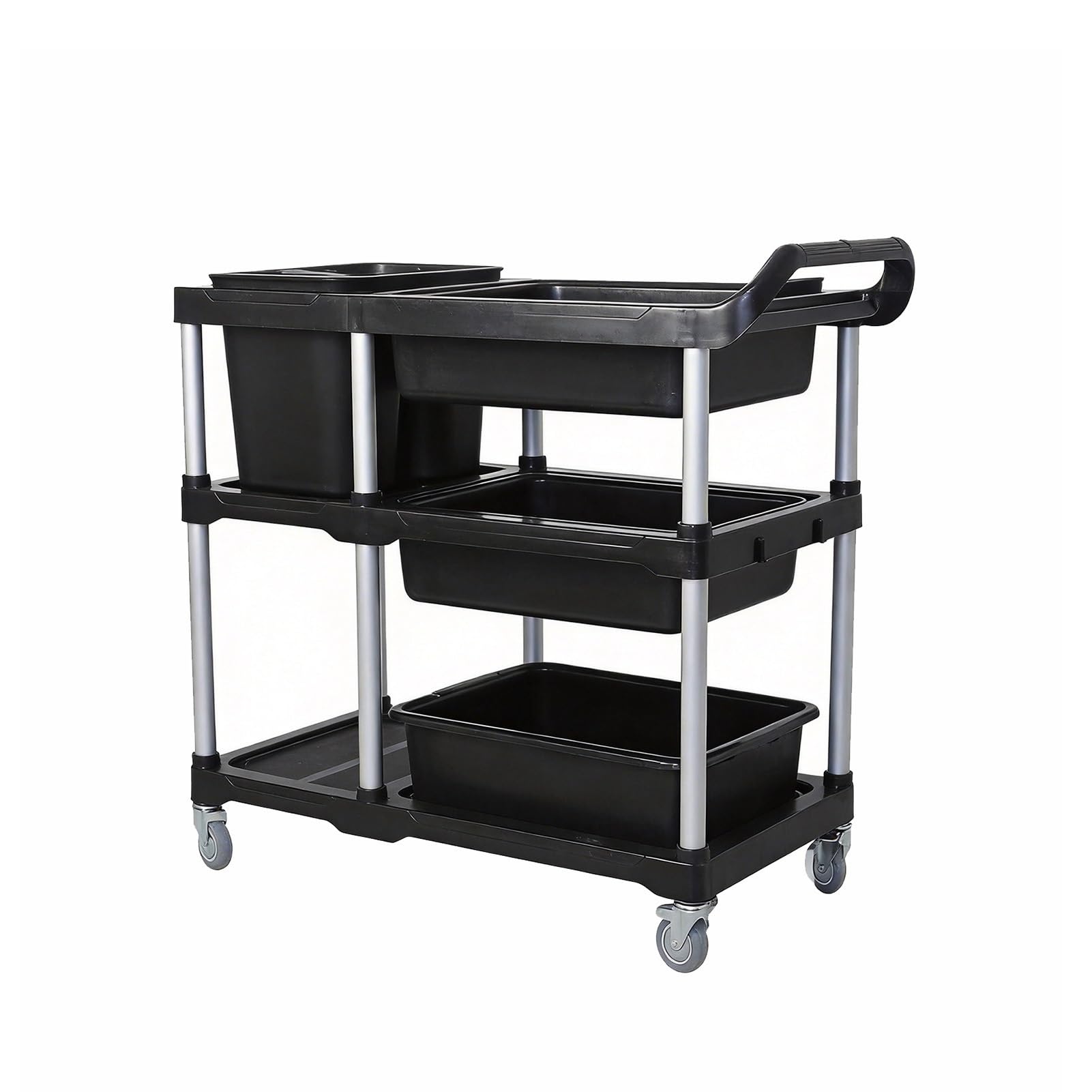 Cleaning Trolley, Service Cart, 220 Lbs Capacity, Suitable For Restaurants, Food, Offices, Warehouses(Black)