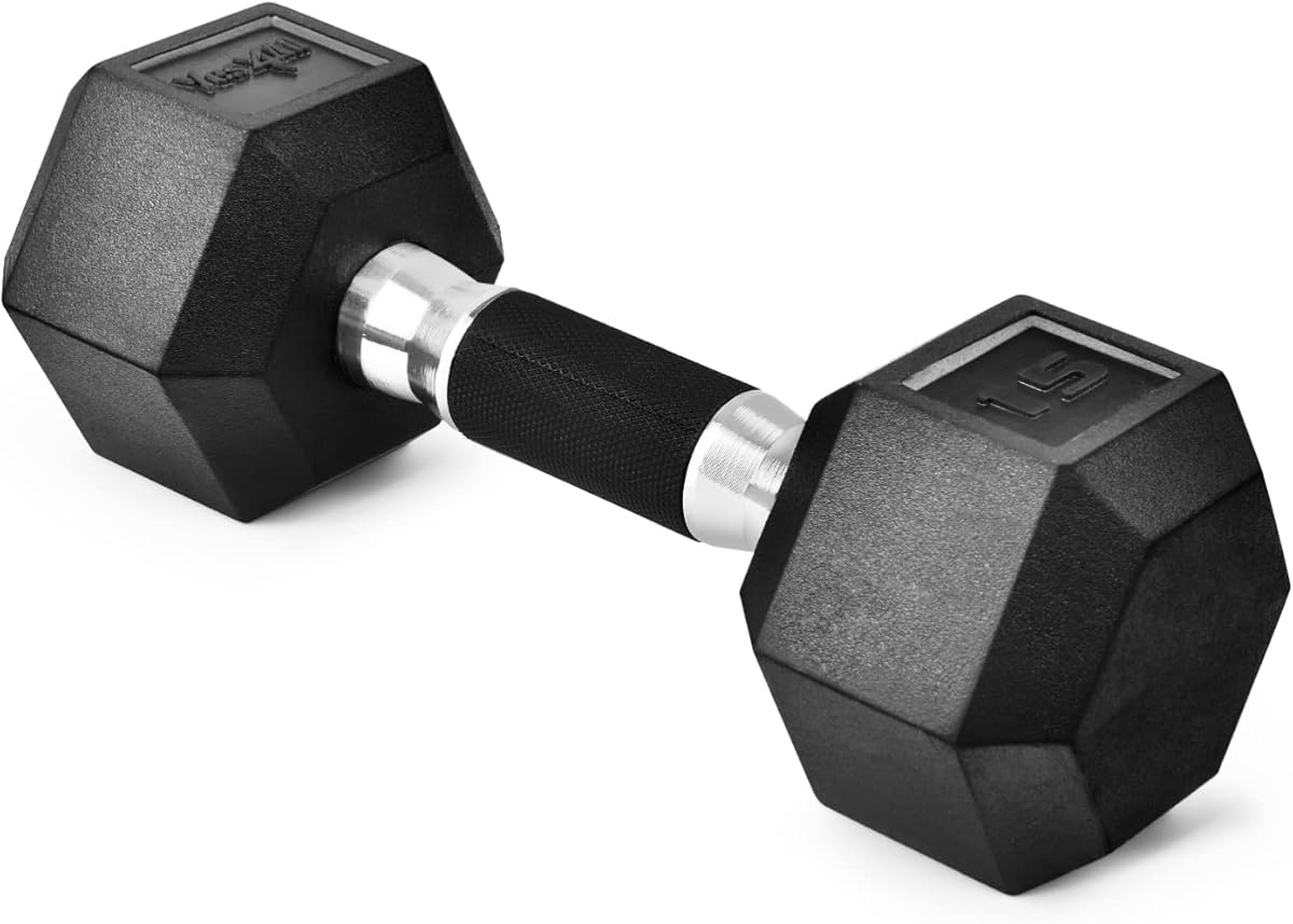 Yes4All Rubber Grip Encased Hex Dumbbell – Hand Weights With Anti-Slip 5-50 LBS Single