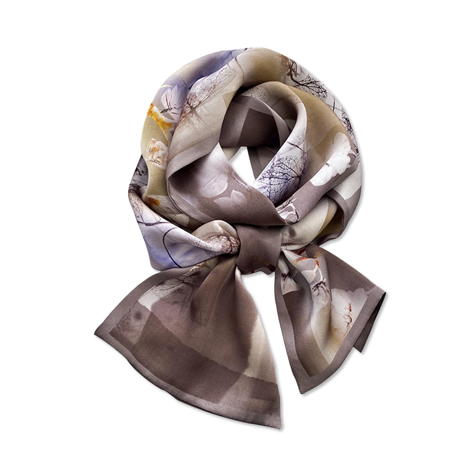 Lumisyne Women's Coffee Flowers Skinny Silk Scarf Flower Leaf Printed Colored Painting Pattern Satin Silk Narrow Long Neckerchief Lightweight Scarves Decorative Headdress Hairband Hair Scarf