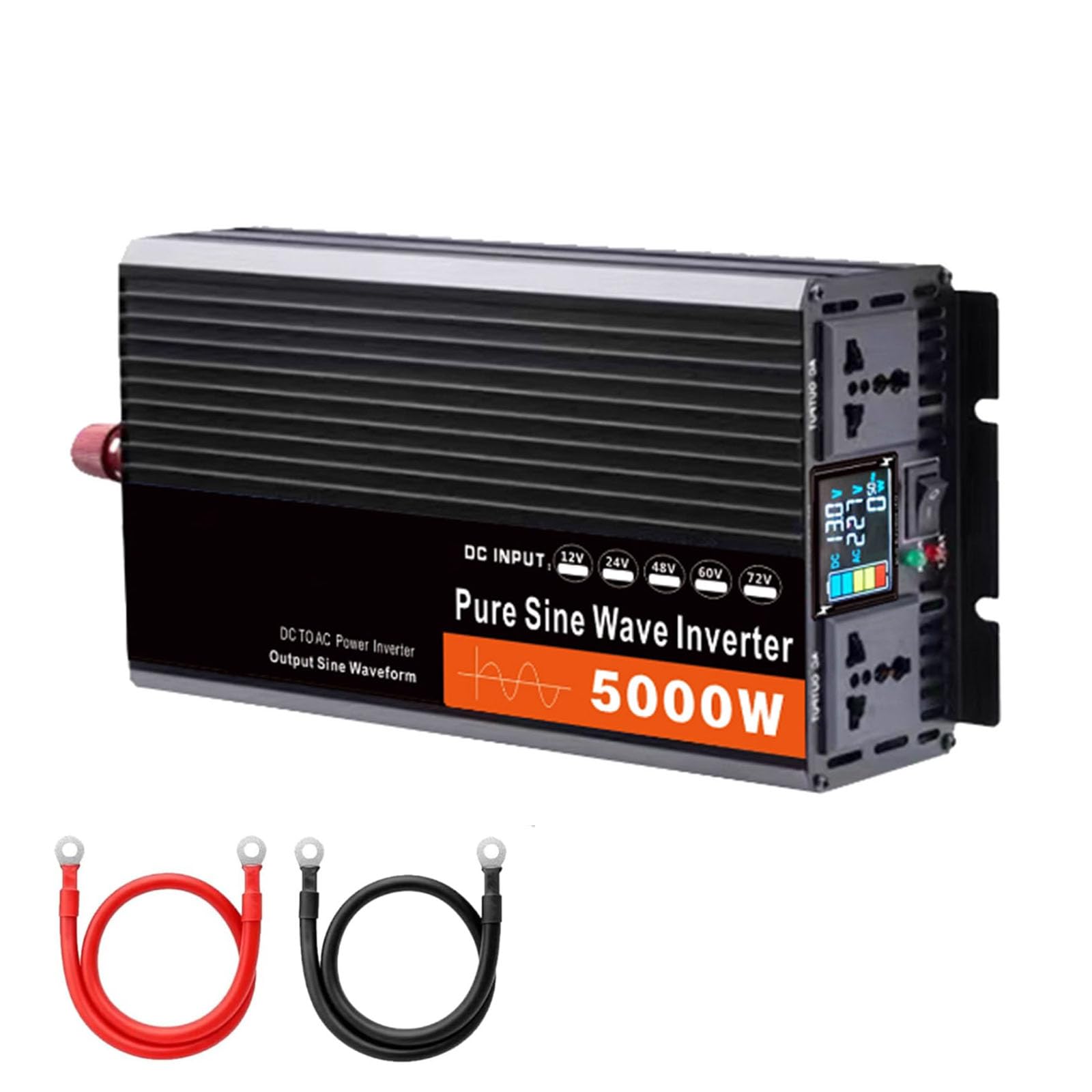 24V to 220V,Przetwornik mocy samochodowy, 5000W przetwornik mocy z czystą falą sinusoidalną z wyświetlaczem LCD, 2 gniazdka AC, DC 12V- 72V na AC 110V 220V