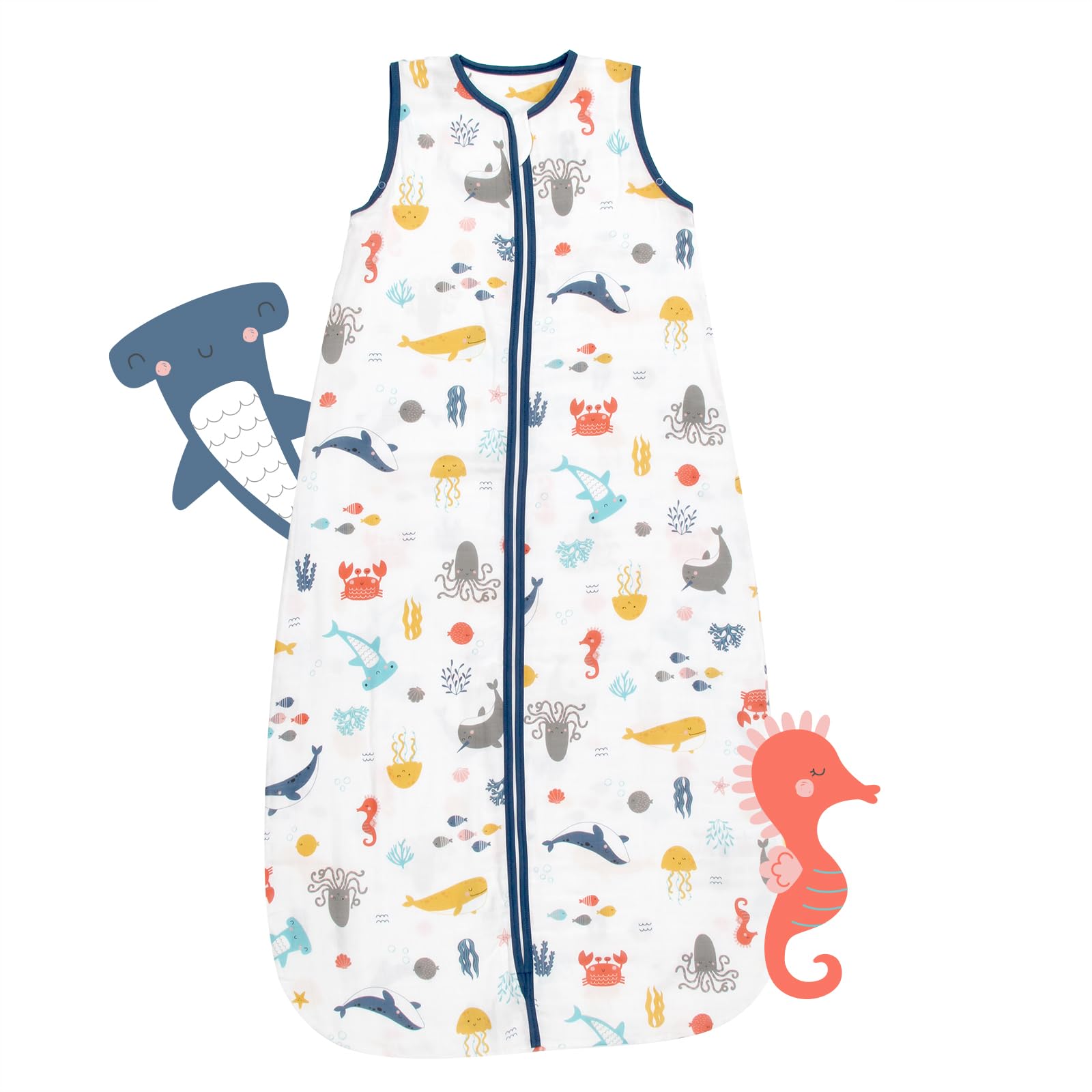 Slumbersac gigoteuse été pour enfant 0.5 Tog 110 cm en mousseline de bambou, douce et légère, Animaux marins | Turbulette été no