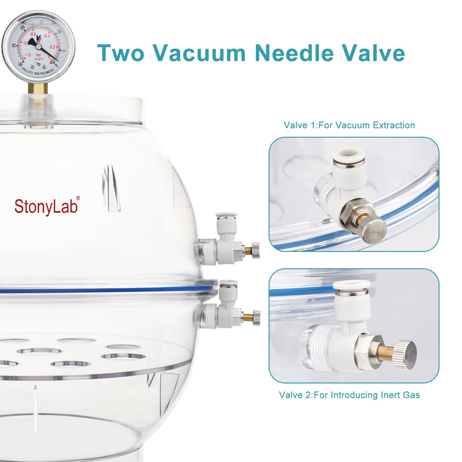 stonylab Dessiccateur à Vide en PC, Matériau Épaissi pour Durabilité Accrue, Joint en Silicone Fiable, Système à Double Valve, Équipé d'un Manomètre, Diamètre de 250 mm, pour Usage en Laboratoire