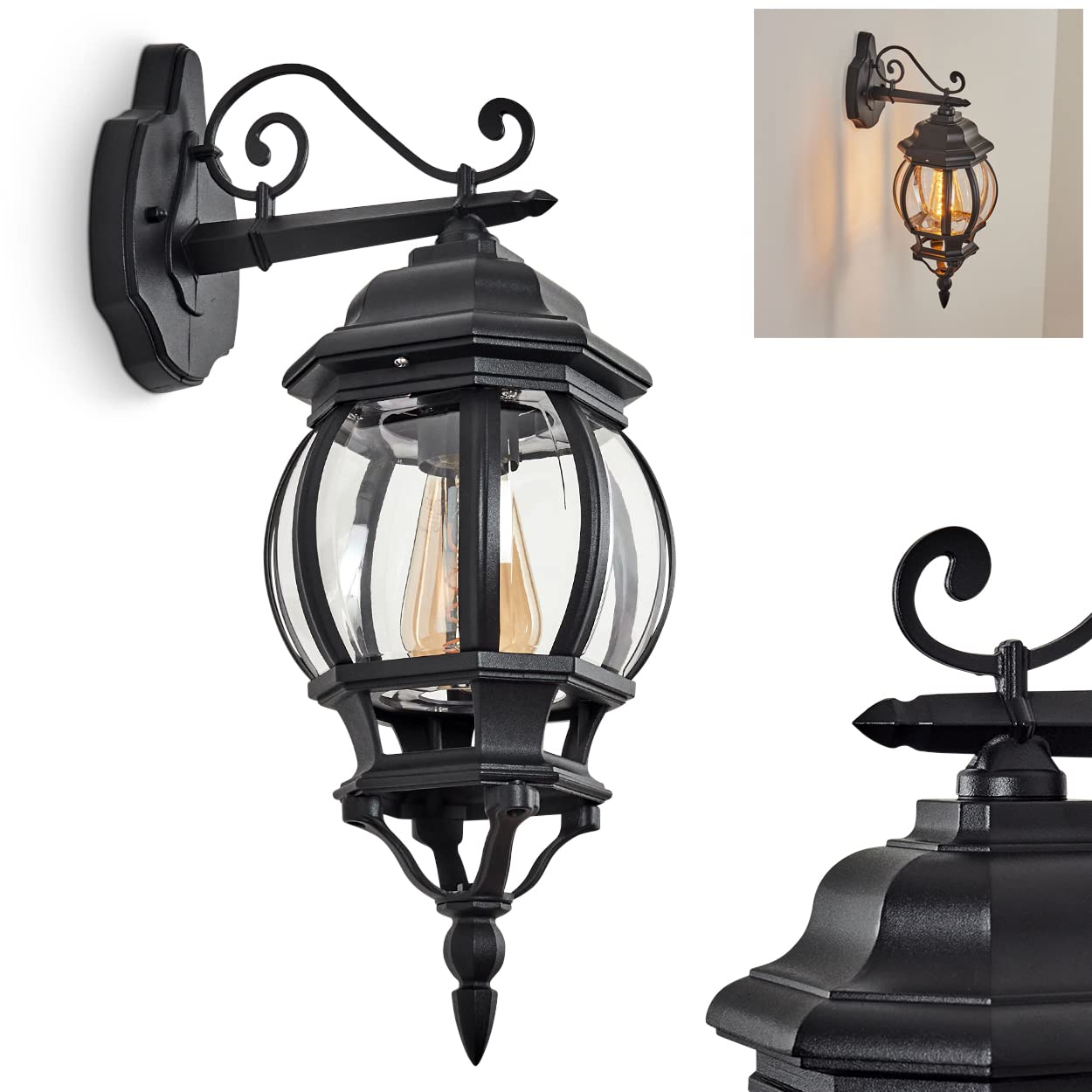 Hofstein Black Outdoor Wall Lamp Lentua, Wall Lamp Downwards In Antique Look Made Of Metal/Glass In /Clear, Wall Light With E27 Socket, Retro/Vintage Outdoor Lamp For Terrace/Courtyard, Ip44, Without Bulb