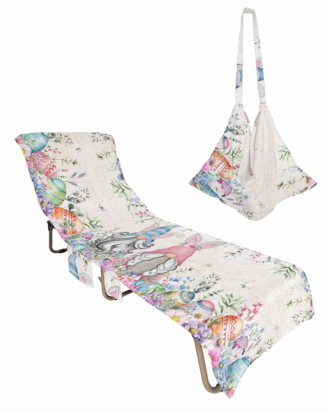 Easter Gnomes Egg Beach Chair Towel Covers for Chaise Lounge With Side Pocket, Soft Plush Pool Towels Cover for Patio Sunbathing Outdoor 29''x85'' Vintage Flower Eucalyptus Leaves Herb