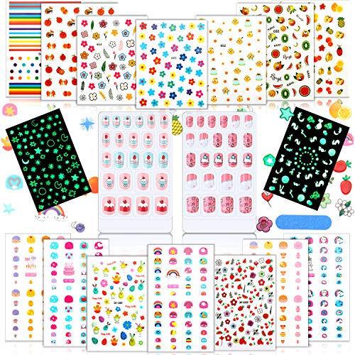Kit de Arte de Uñas de Niños, Incluyes 48 Uñas Postizas de Presión Completas de Niñas, 16 Hojas Calcomanías Pegatinas de Uñas de Punto Luminoso Arcoiris Flor Unicornio Parches de Uñas para Niña