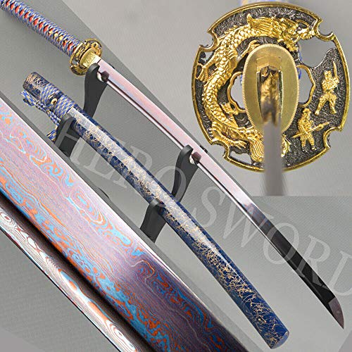 HERO SWORD Damascus Folded Steel Japanese Samurai Sword Gold Dragon Katana Full Tang Sharp Knife Full Functional