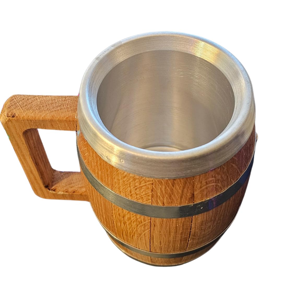LAS VILLAS DESIGNS Personalized Oak Wood Barrel Beer Mug Tankard with Stainless Steel Interior - Engraved with Your Name