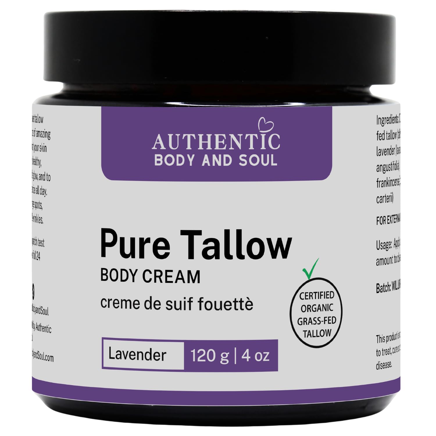 Certified Organic Beef Tallow with Organic Lavender for Sensitive Skin Cream. Delivers Intense Hydration for All Skin Types, Certified Grass-Fed by AGW, by Authentic Body And Soul (Lavender-4oz)