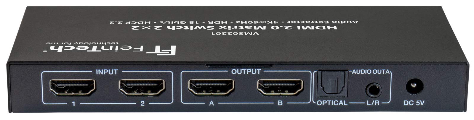 FeinTech VMS02201 Matrix Switch 2x2 Conmutador HDMI 2.0 (2 entradas, 2 Salidas, con Extractor de Audio, 4 K, HDR, SPDIF)