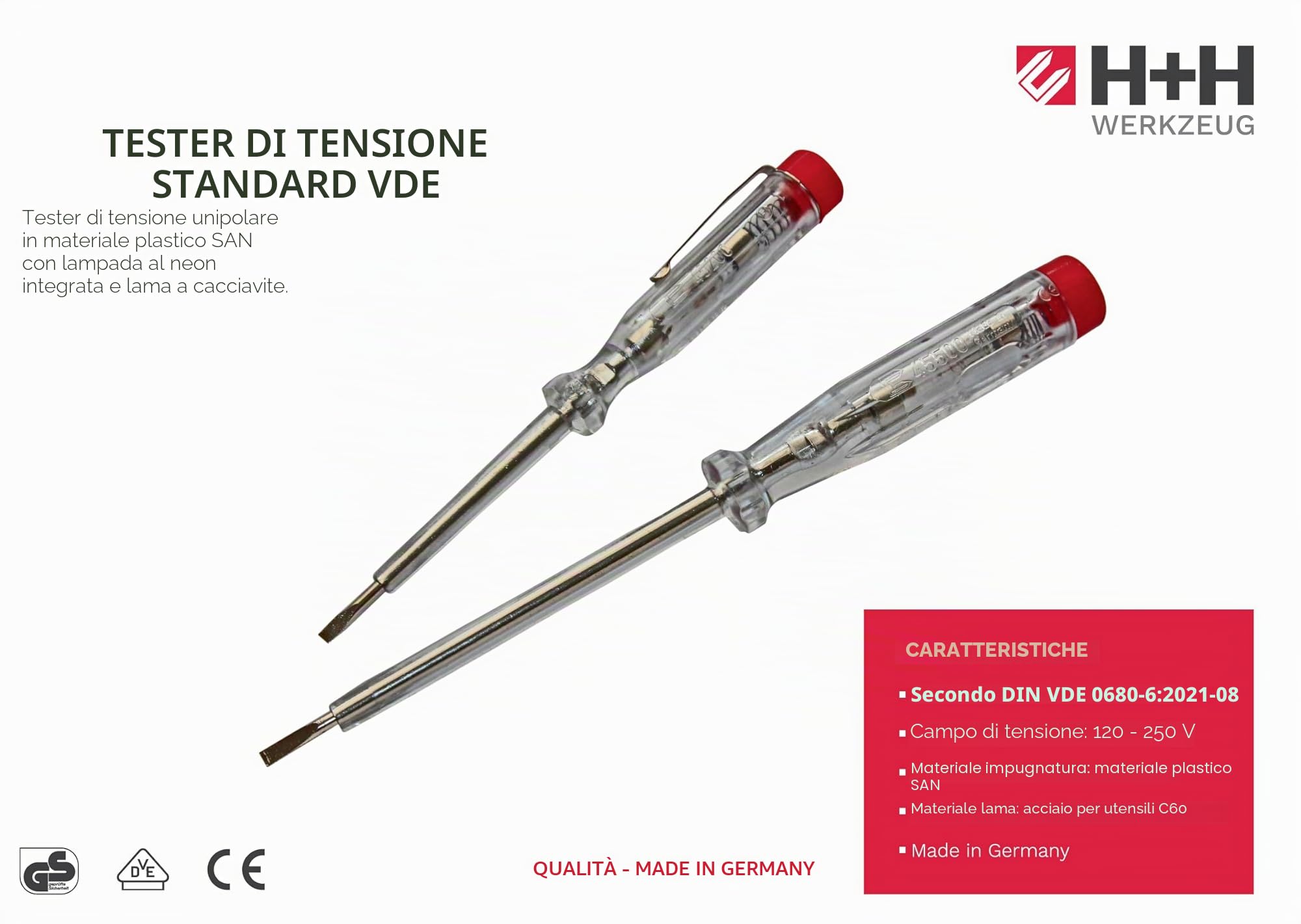 H+H Tools 45200 45500 VDE - Tester standard 45200/45500, tester di tensione/fase fino a 250 V, 2 pezzi, testato GS 0680, prodotto in Germania, trasparente/rosso, 140 mm/190 mm