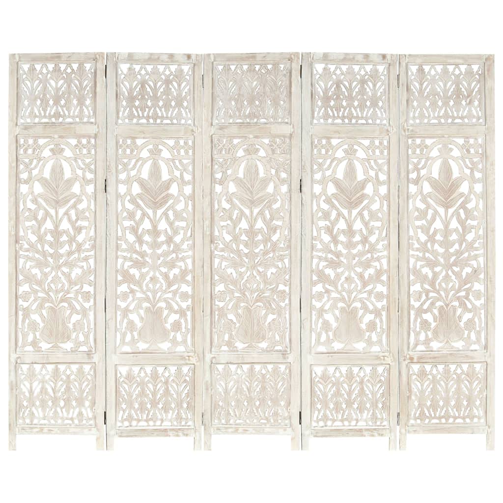 vidaXL Divisorio con 5 Pannelli Separè Speratore Paravento Richiudibile Mobili Arredamento Bianco 200x165 cm Legno Massello di Mango