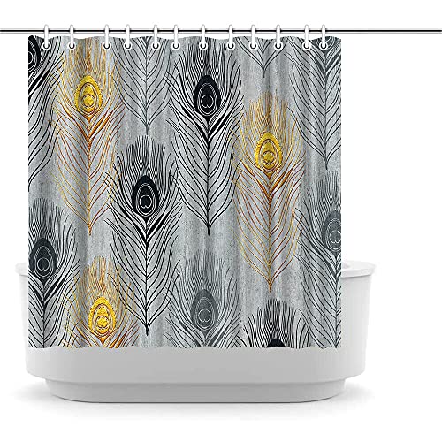 Livlaugh Peacock Feather Shower Curtain Black and Gold Bath Curtain Abstract Picture Bathtub Curtain Grey Animal Feathers Bathroom Curtain for Washroom Bathroom 72x72inch