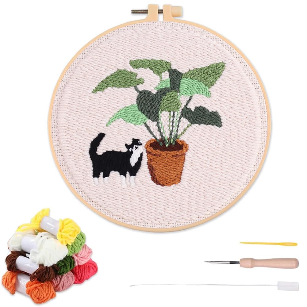 YEESAM ART Punch Needle Kit with Black Cat and Potted Plant Patterns, Full Set DIY Punch Needle Embroidery Set with Hoop Tool, Easy Craft for Adults Beginners