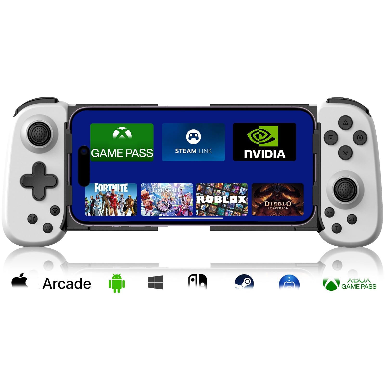 arVin Controller da gioco mobile per iPhone Android con supporto per telefono e luce verde, gamepad wireless per iOS/Samsung/Tablet/Switch/PS4/PC, Xbox Cloud Gaming/PS Remote Play/Steam Link per