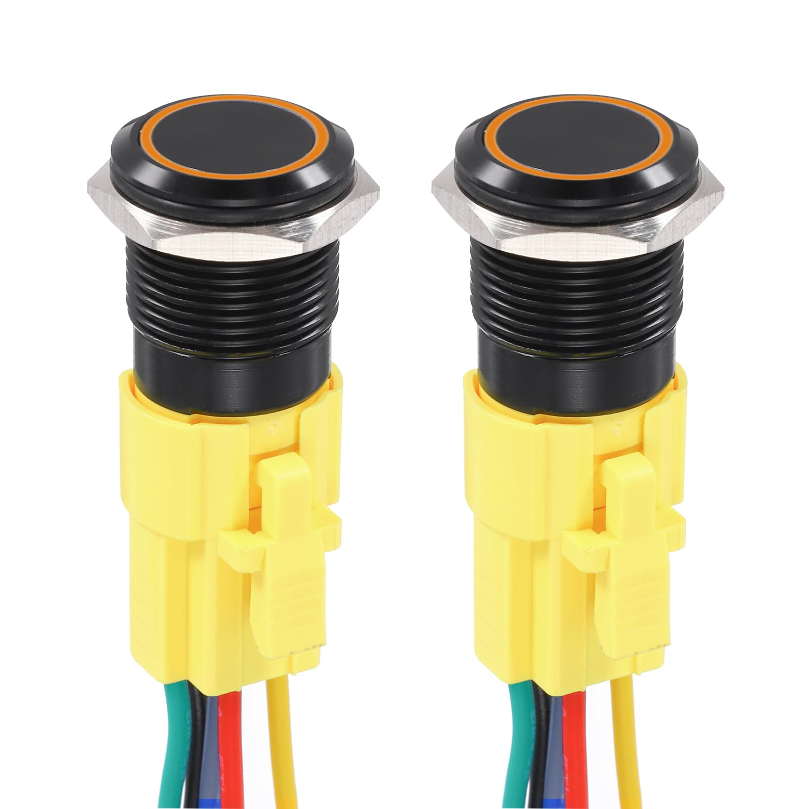 DMiotech 2 Pack 16mm / 5/8" Aluminium Alloy Latching Push Button Switch Flat Head 5A 250V Black Shell with Cable Socket Orange LED 1NO1NC for Car Boat Systems Custom Setups